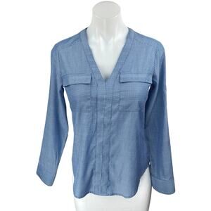NEW Express Blue White Polka Dots Long Sleeve V Neck Shirt Blouse Top Size XS